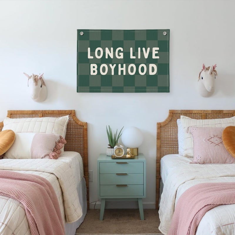PLKMN Long Live Boyhood Linen Banner – Boys Room Wall Hanging, Playroom & Nursery Decor, Toddler Room Flag, Aesthetic Boys Bedroom Sign – Forest Green & White - Image 5